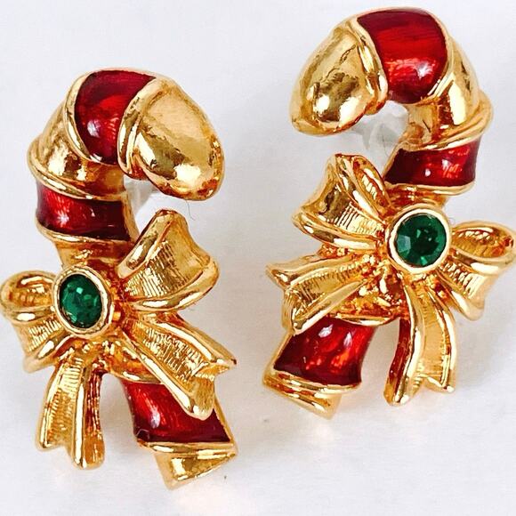 VTG Avon Signed Christmas Candy Cane Earrings Gold Tone Red Enamel Green Stone - Picture 2 of 10